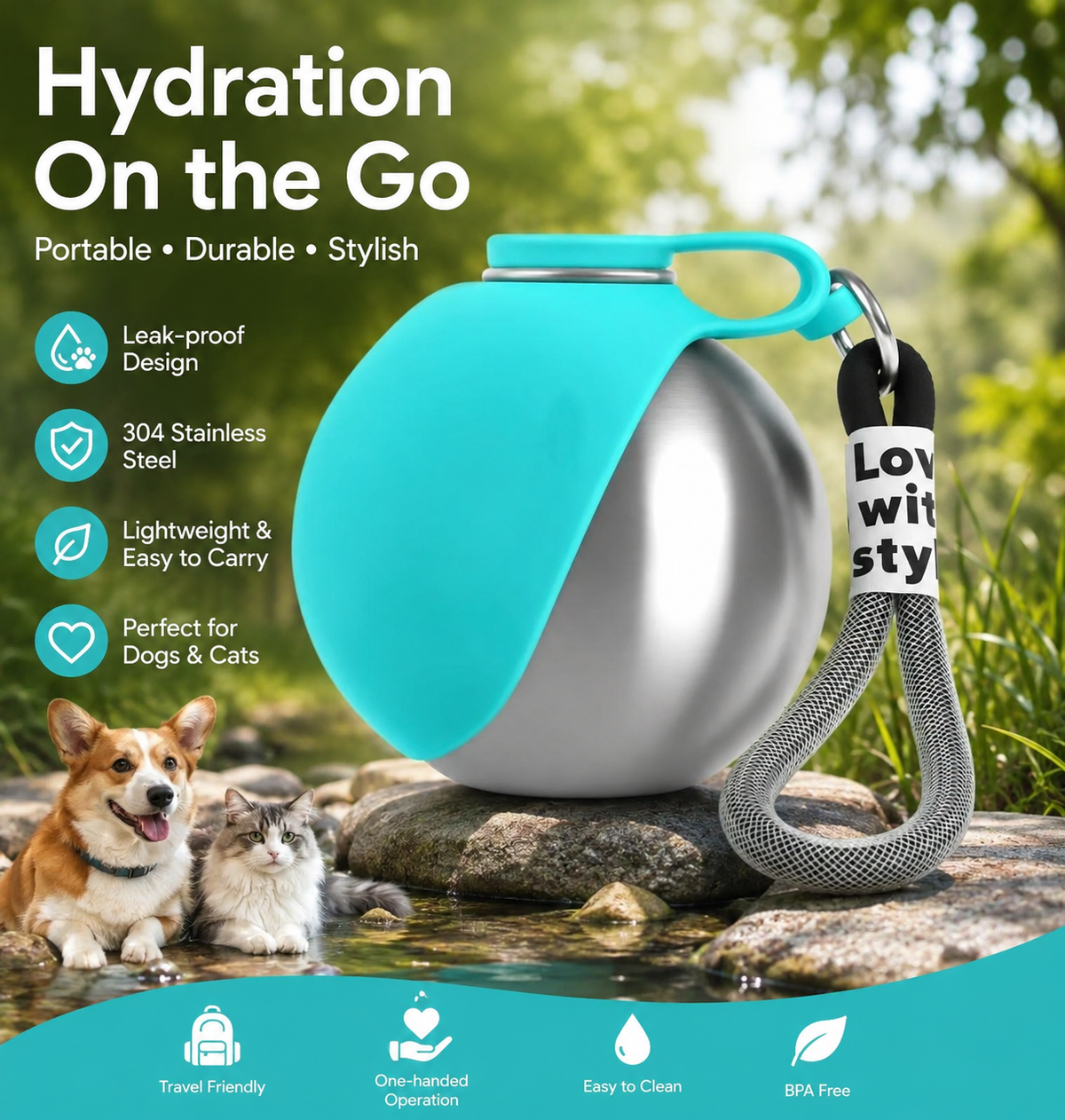 Dog Water Bottle with Removable Silicone Bowl,285ml Stainless Steel Construction, Leak-Proof for Outdoor Activities Like Walking